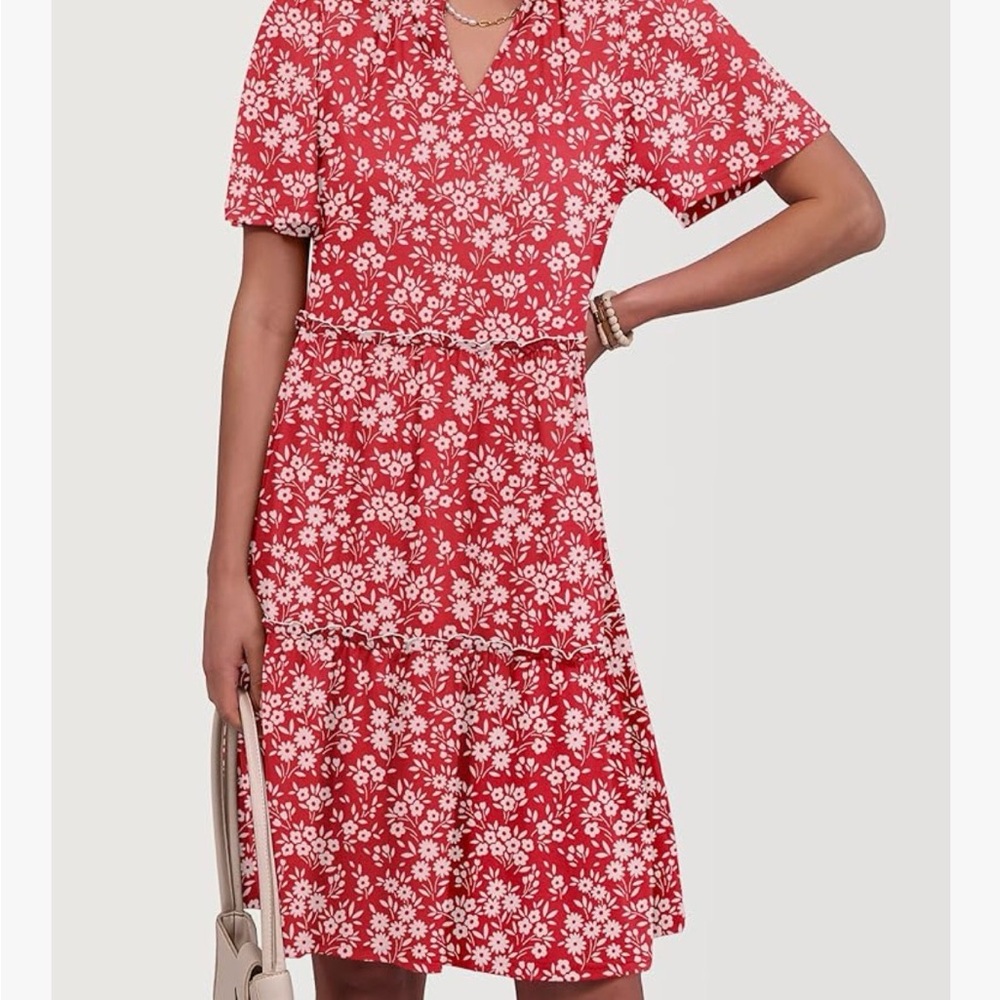 Red Floral Print V-Neck Midi Dress - Picture 5 of 10